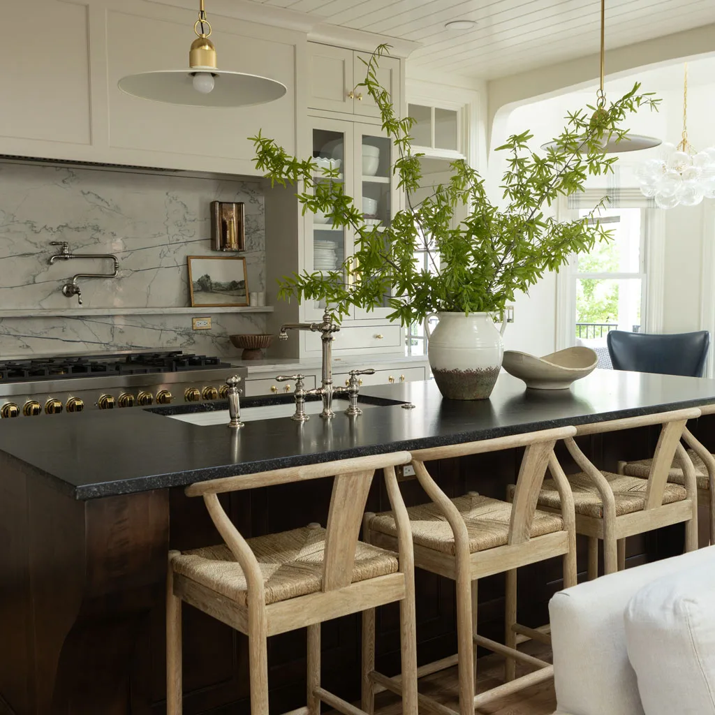 White kitchen remodel with marble island in Franklin TN