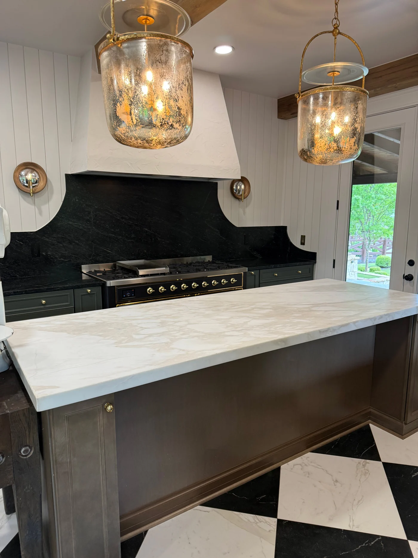 Cortina kitchen island and pendant lighting