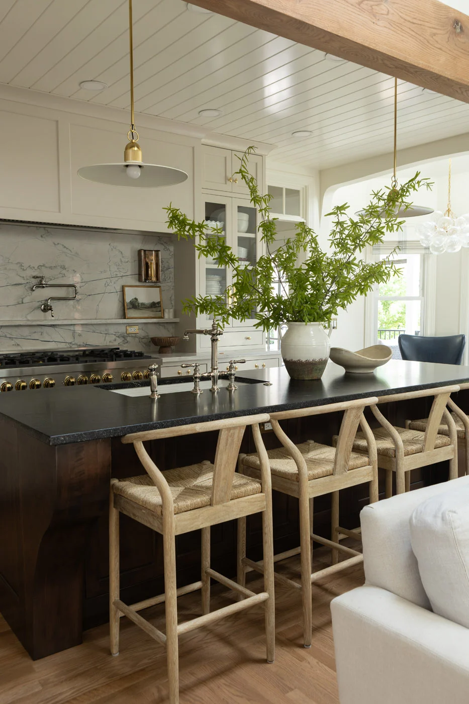 Riverview kitchen island with marble backsplash