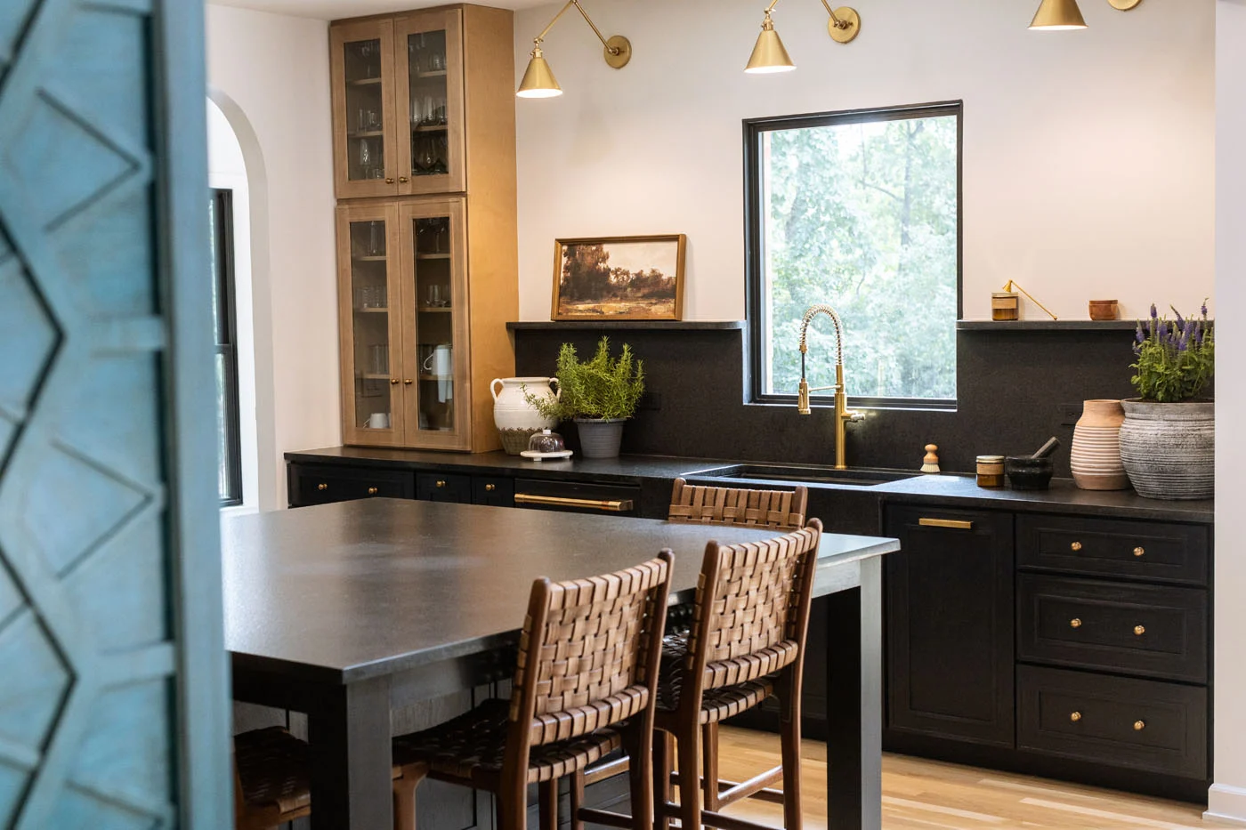 Seward Hall kitchen window wall with brass lighting